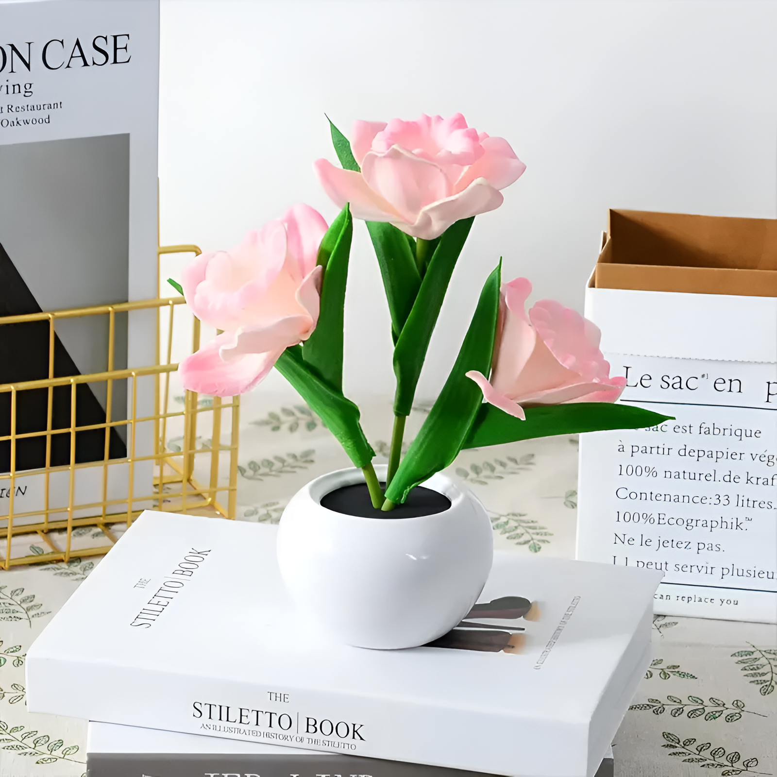 Tulip Design LED Night Table Lamp With Vase For Decor