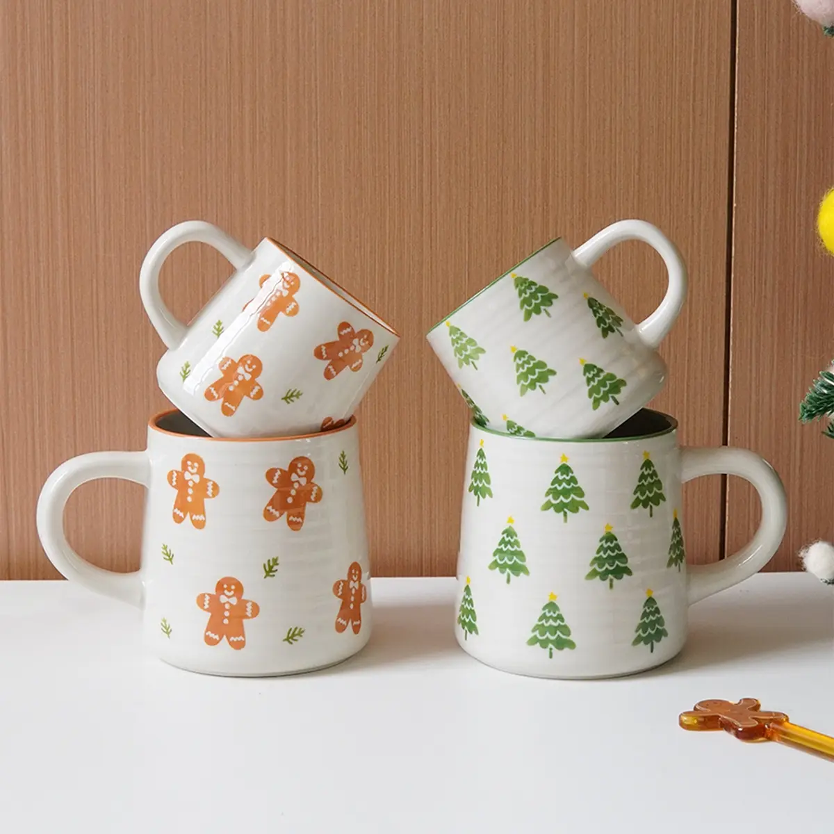 Striped Embossed Christmas Ceramic Coffee Mug