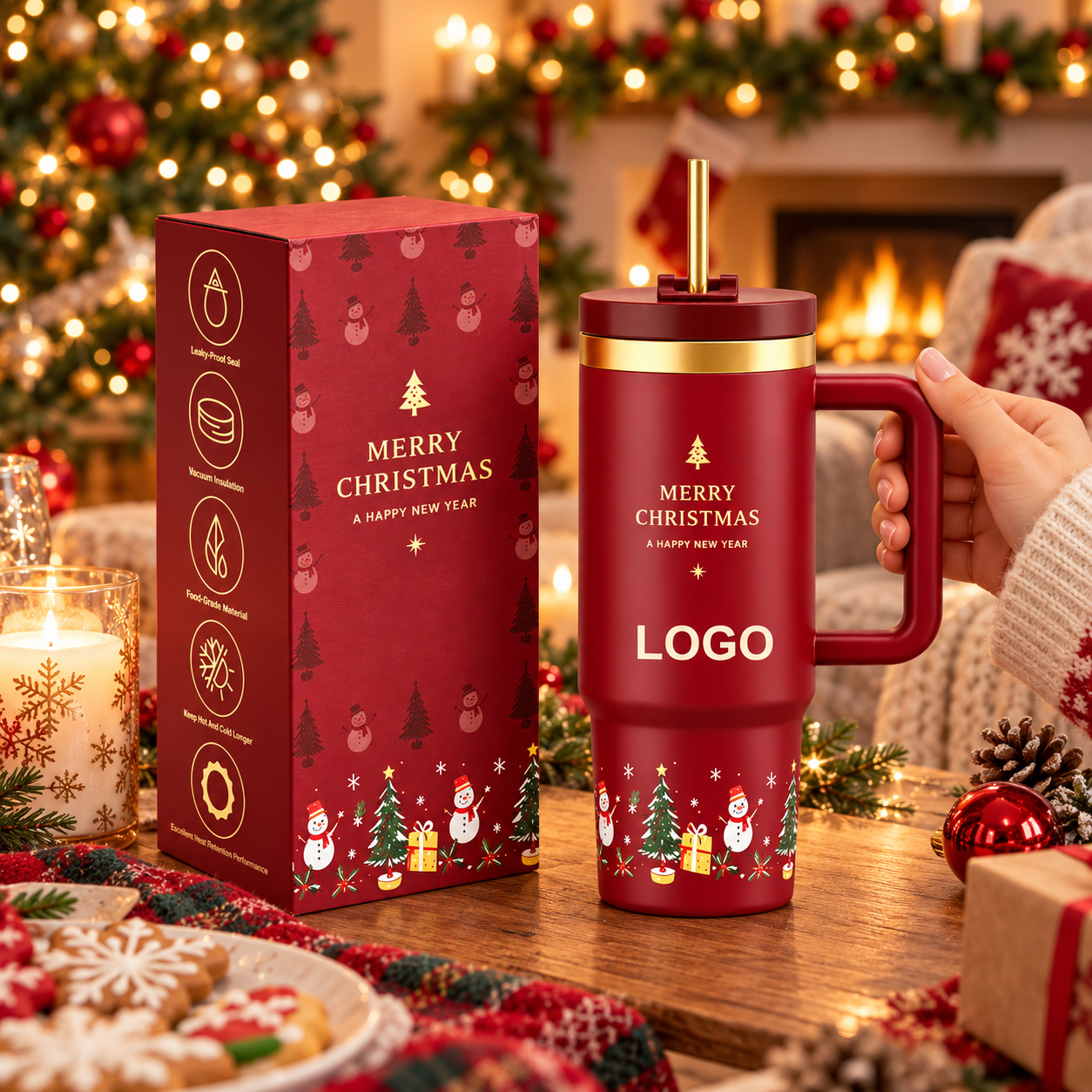 Custom Merry Christmas 40oz Stainless Steel Insulated Travel Tumbler With Handle And Straw