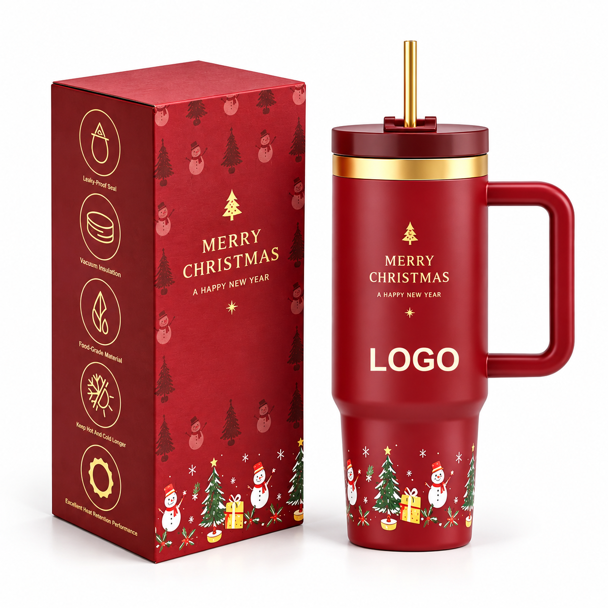 Custom Merry Christmas 40oz Stainless Steel Insulated Travel Tumbler With Handle And Straw
