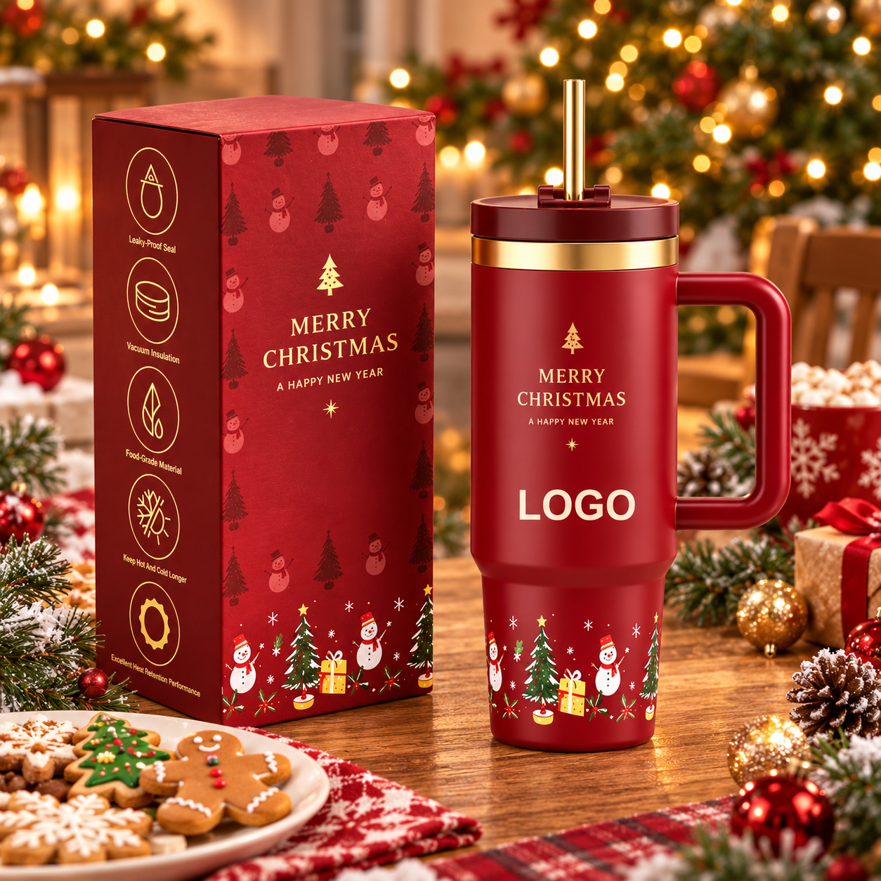 Custom Merry Christmas 40oz Stainless Steel Insulated Travel Tumbler With Handle And Straw