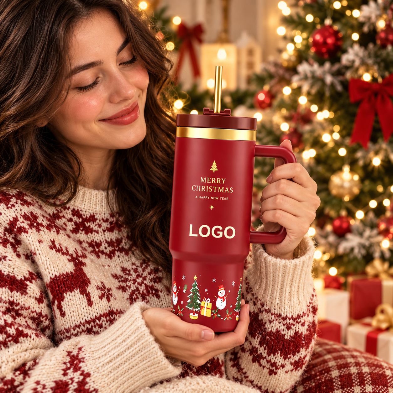 Custom Merry Christmas 40oz Stainless Steel Insulated Travel Tumbler With Handle And Straw