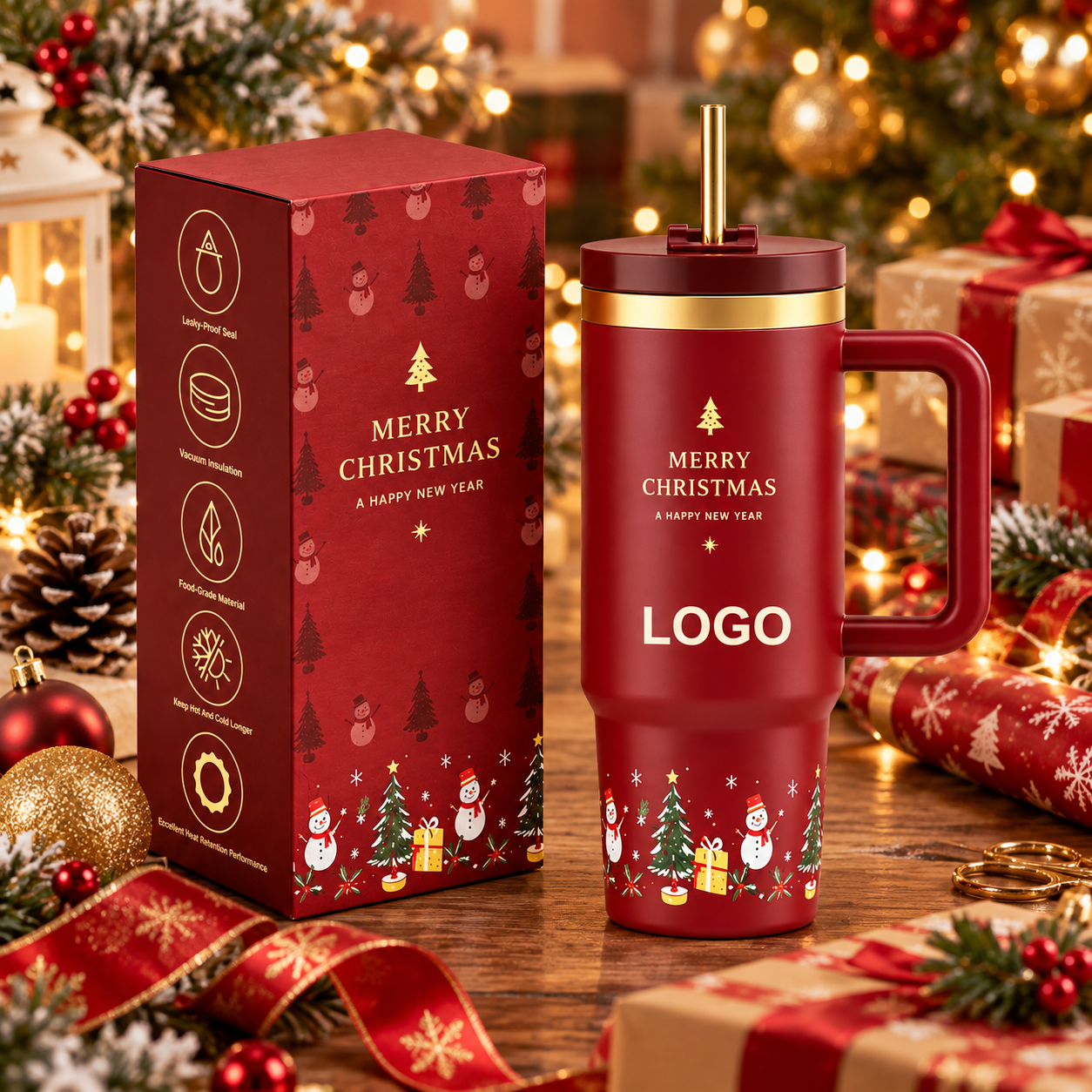 Custom Merry Christmas 40oz Stainless Steel Insulated Travel Tumbler With Handle And Straw
