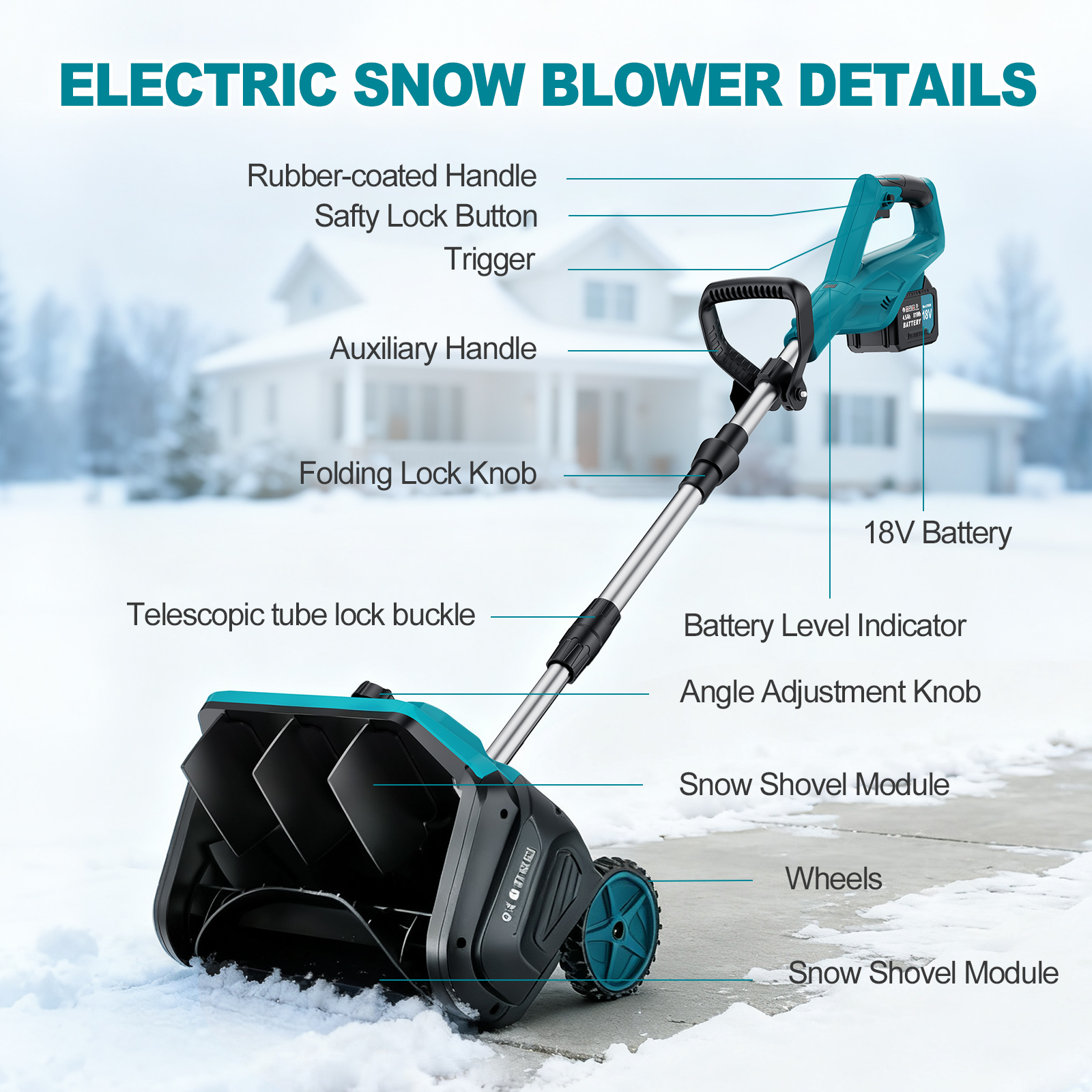 Fovendi 16.5-inch Cordless Snow Shovel Electric Snow Blower with Directional Plate, 4.5Ah Battery & Quick Charger Included for Driveway & Sidewalks