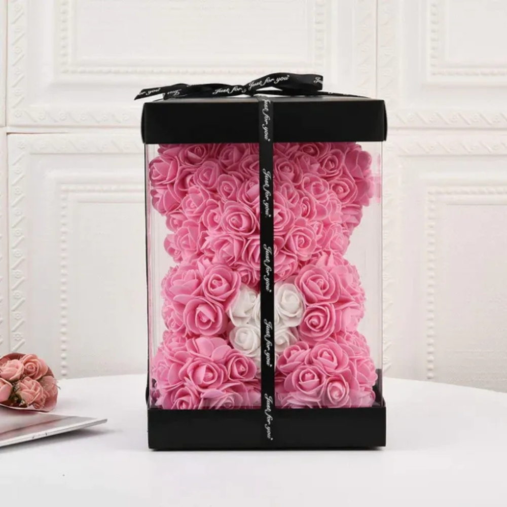 Flower Teddy Bear Gift Box With Ribbon