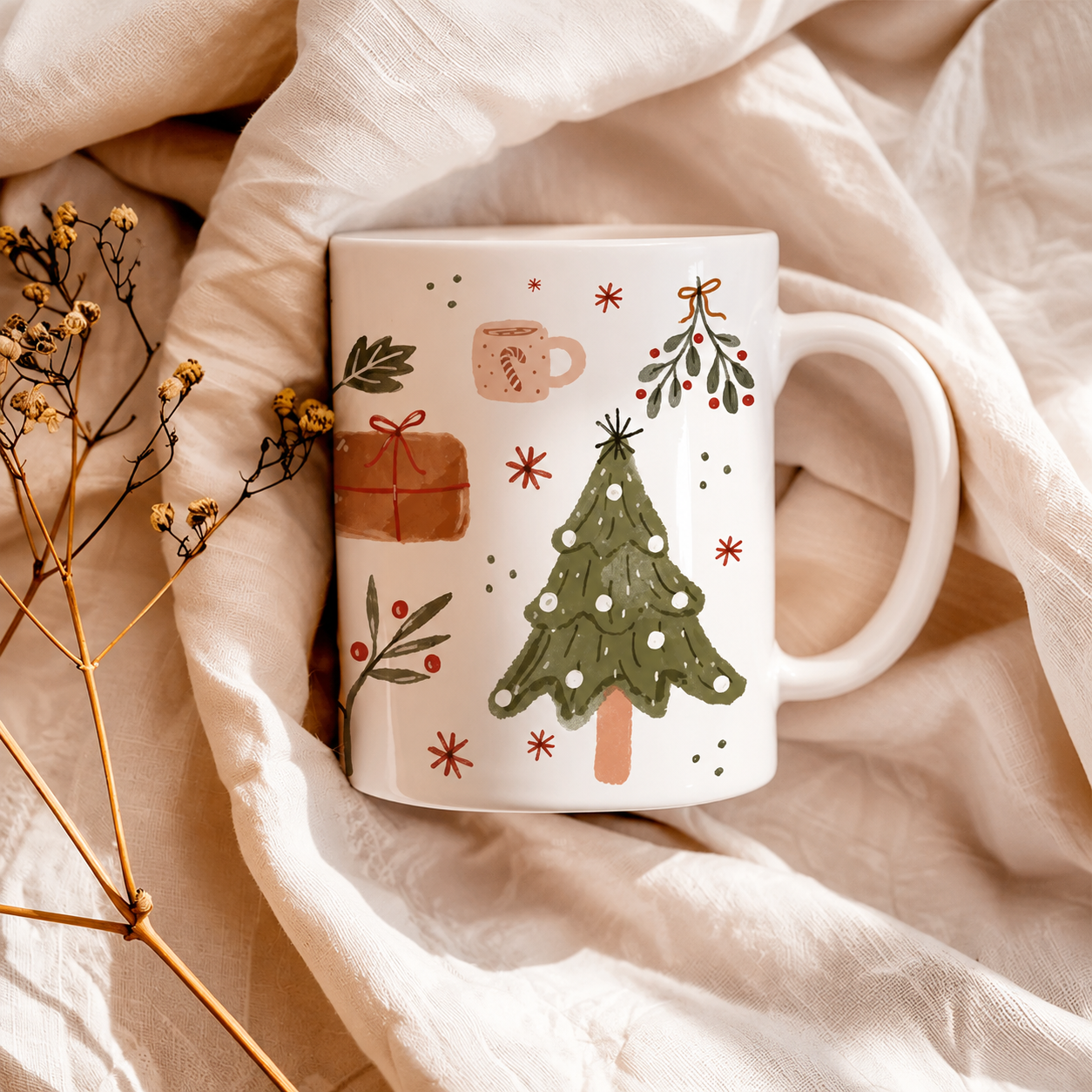 Cozy Christmas Mug With Watercolor Ornaments Printed For Women