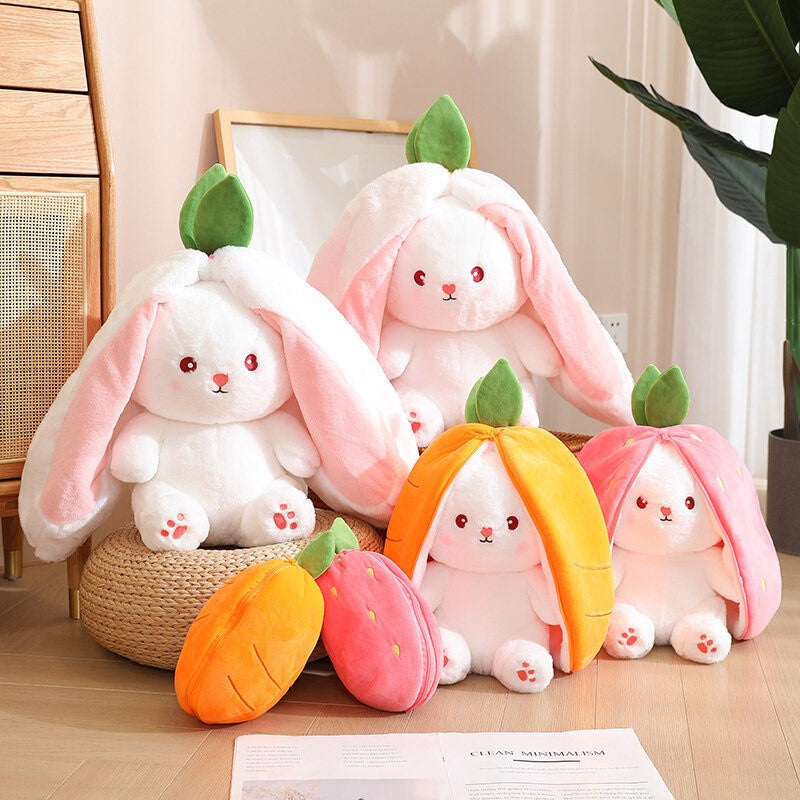 Large Reversible Carrot Rabbit And Strawberry Bunny Plush Pillow - Grafton Collection