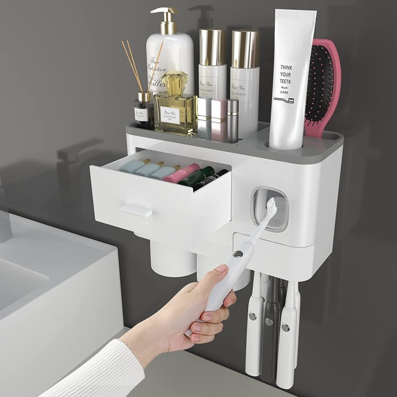 Toothbrush Holders For Bathrooms, Toothbrush Holder Wall Mounted With Toothpaste Dispenser, Large Capacity Tray, Cosmetic Drawer And Brush Slots With Cover Tooth Brush Holder - Grafton Collection