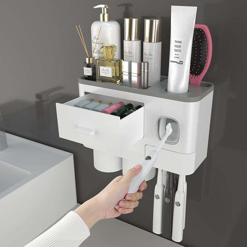Toothbrush Holders For Bathrooms, Toothbrush Holder Wall Mounted With Toothpaste Dispenser, Large Capacity Tray, Cosmetic Drawer And Brush Slots With Cover Tooth Brush Holder - Grafton Collection