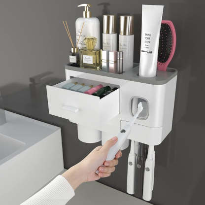 Toothbrush Holders For Bathrooms, Toothbrush Holder Wall Mounted With Toothpaste Dispenser, Large Capacity Tray, Cosmetic Drawer And Brush Slots With Cover Tooth Brush Holder - Grafton Collection