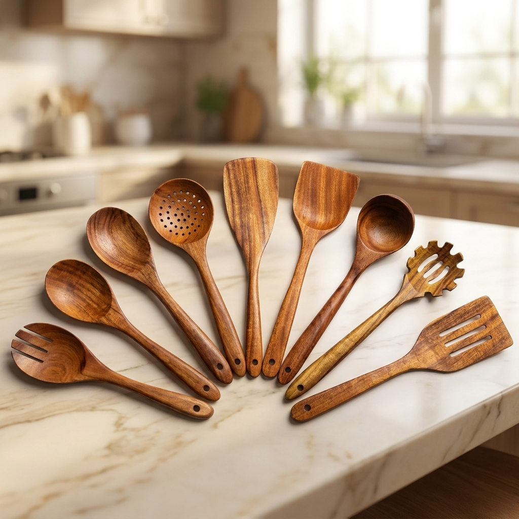 Teak Wood Nine Piece Cooking Utensil Set