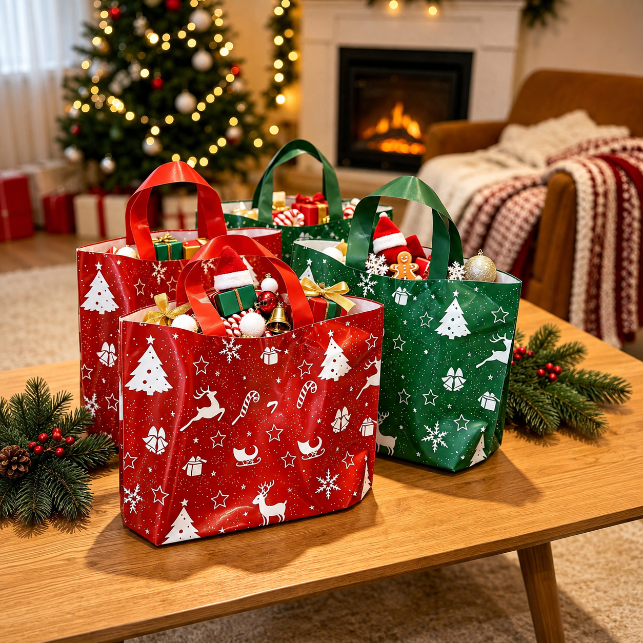 Christmas Gift Bags With Festive Character Prints For Holiday Gift Packaging