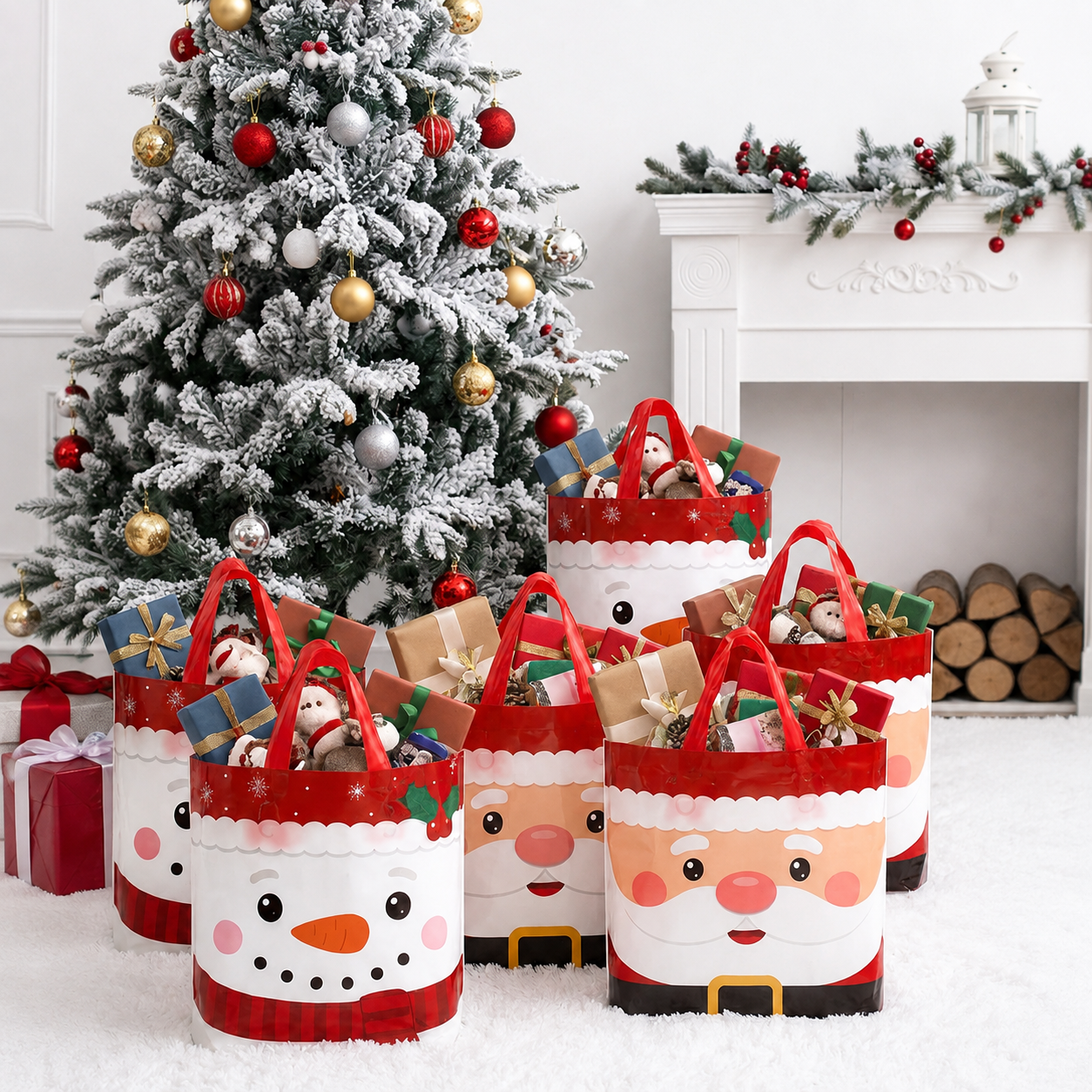 Christmas Gift Bags With Festive Character Prints For Holiday Gift Packaging