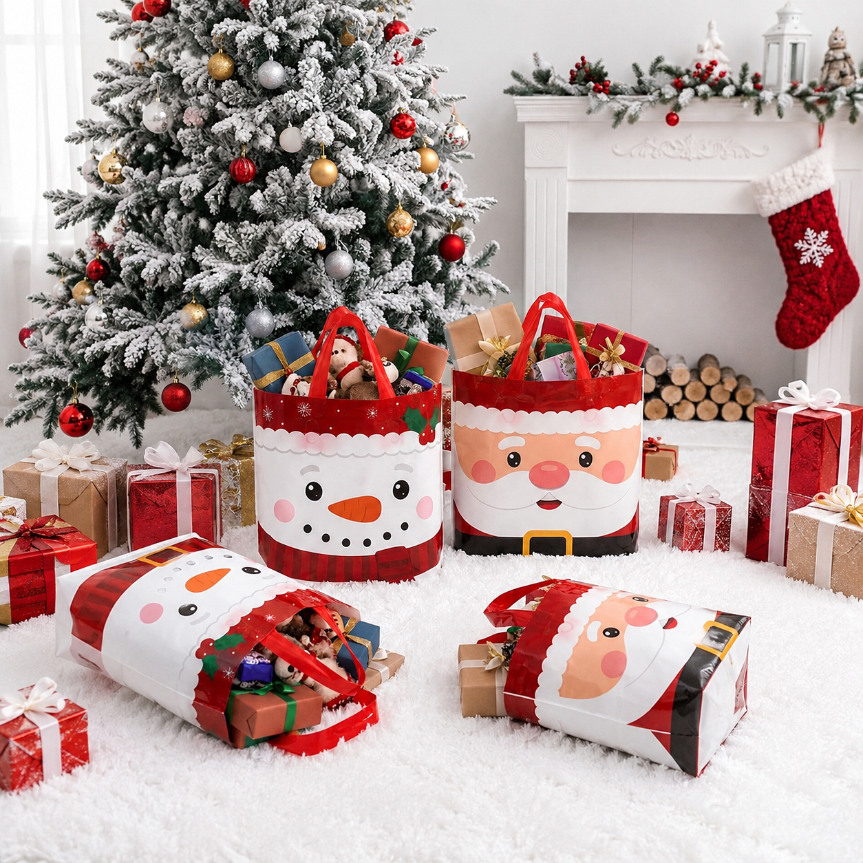 Christmas Gift Bags With Festive Character Prints For Holiday Gift Packaging