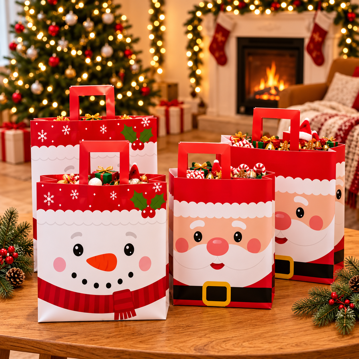 Christmas Gift Bags With Festive Character Prints For Holiday Gift Packaging