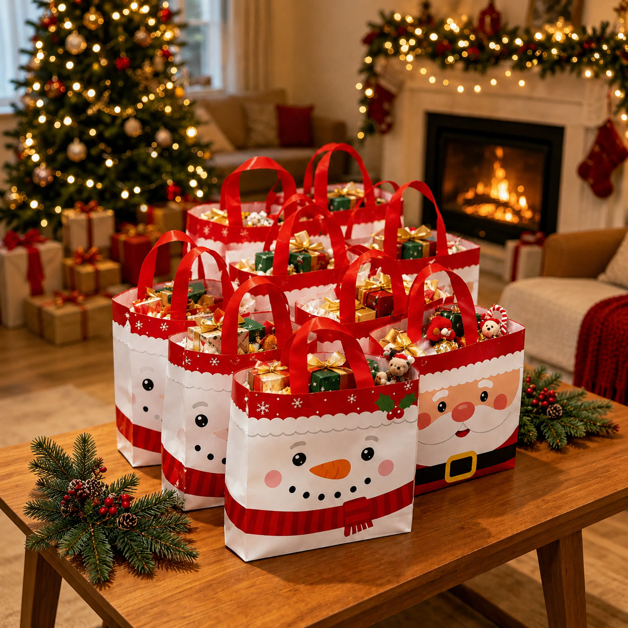 Christmas Gift Bags With Festive Character Prints For Holiday Gift Packaging