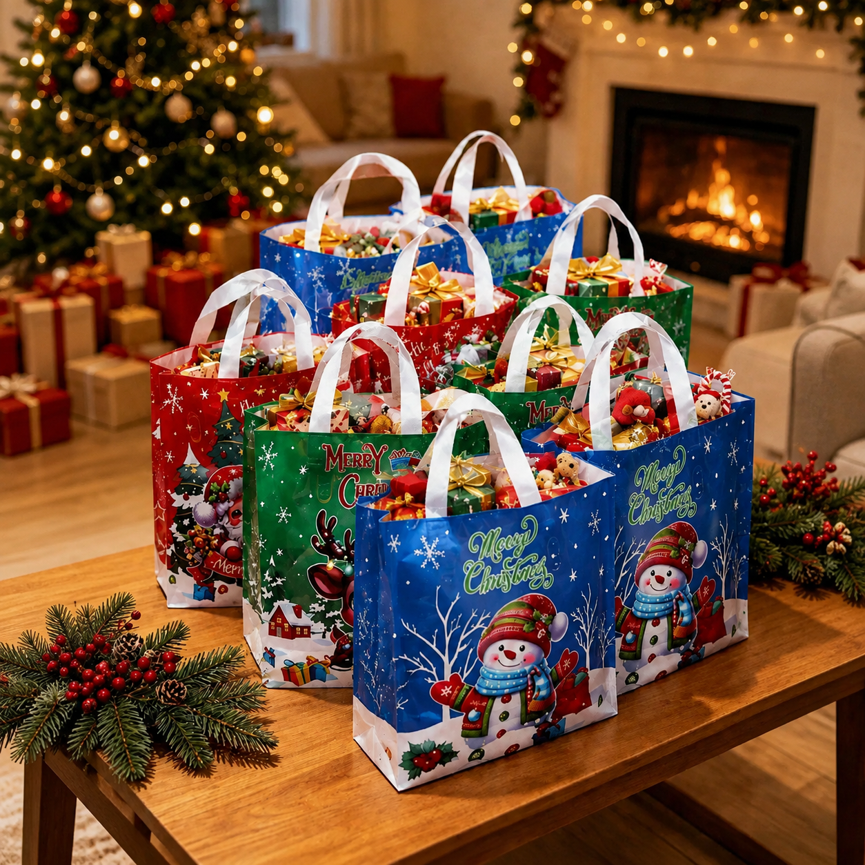 Christmas Gift Bags With Festive Character Prints For Holiday Gift Packaging