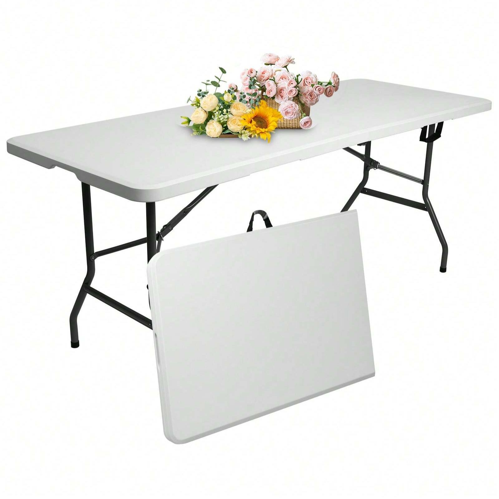 6 Feet Fold-In-Half Table With Curve Legs, For Indoor & Outdoor, Picnic, Camping-White
