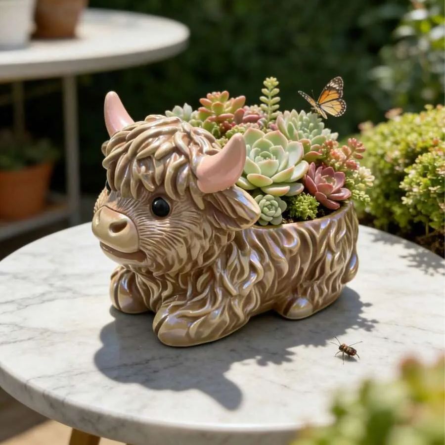 Highland Cow Resin Planter For Succulent And Small Plants Office Desk Decor