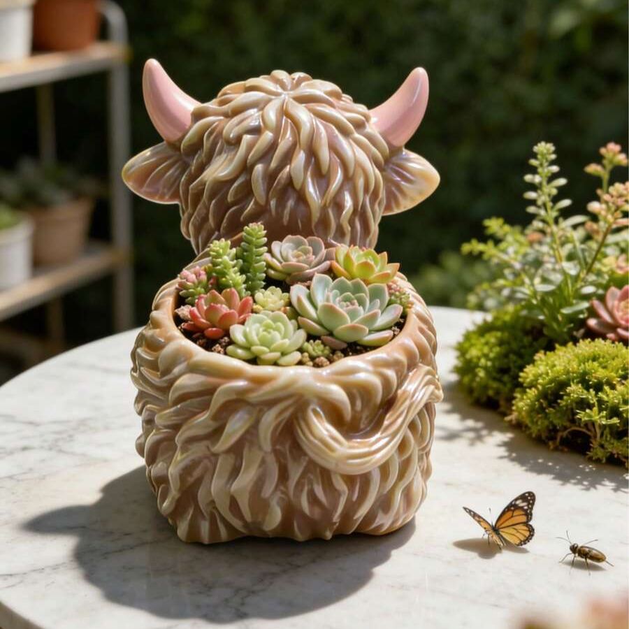 Highland Cow Resin Planter For Succulent And Small Plants Office Desk Decor