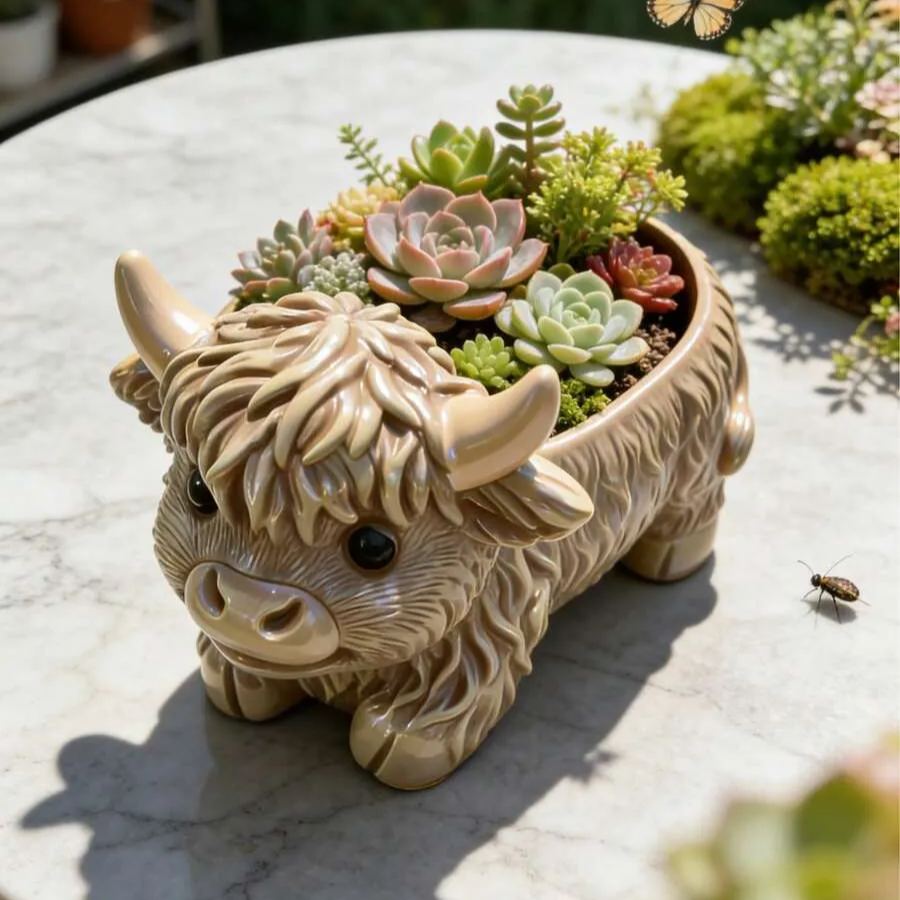 Highland Cow Resin Planter For Succulent And Small Plants Office Desk Decor