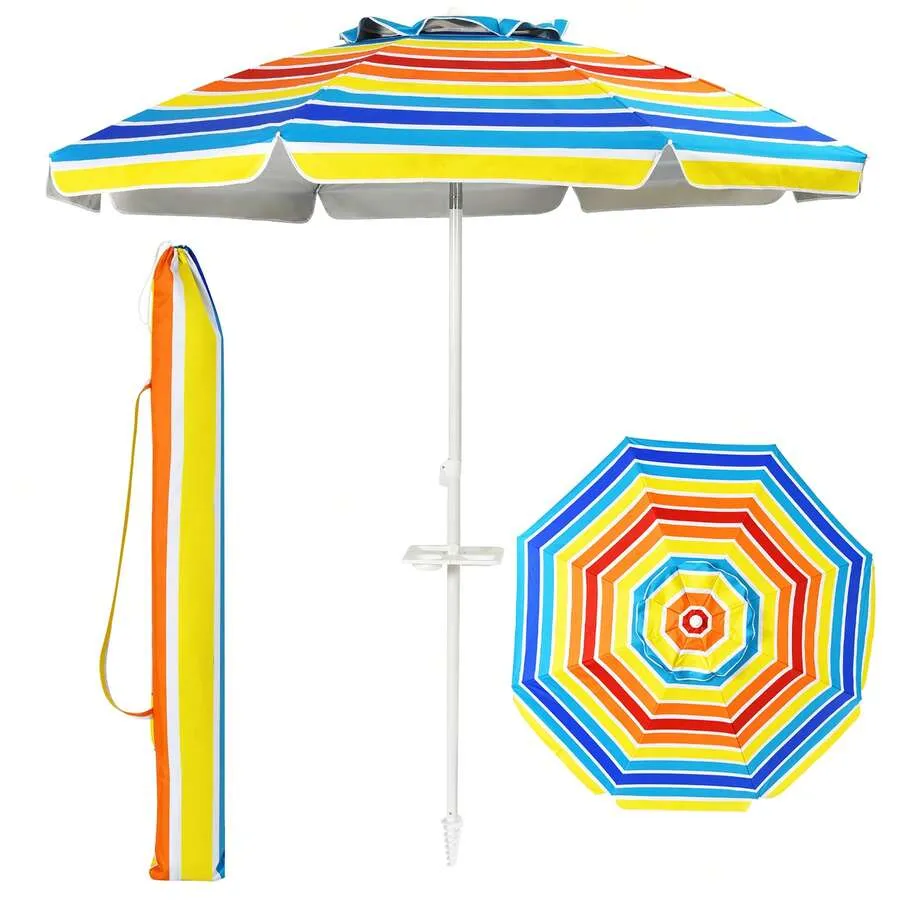 Manual Metallic Striped Canopy Beach Umbrella Set