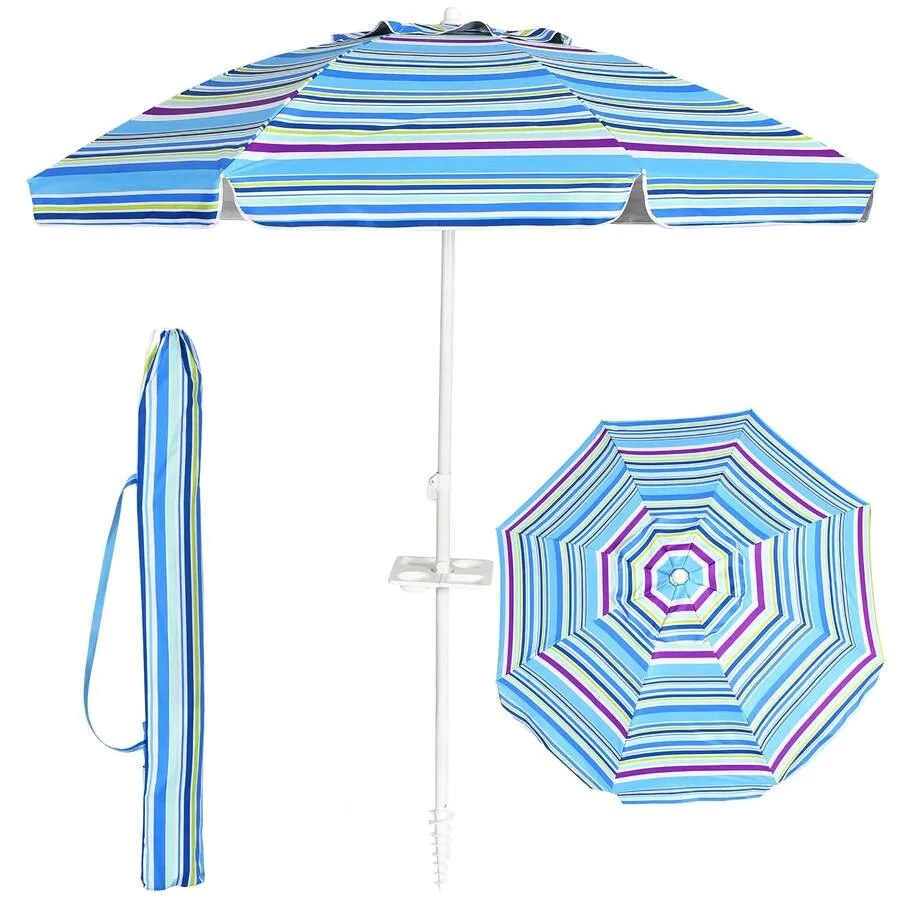 Manual Metallic Striped Canopy Beach Umbrella Set