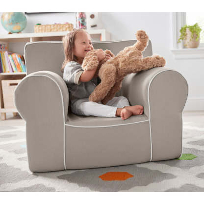 Gray Oversized Chair White Piping Slipcover - Grafton Collection