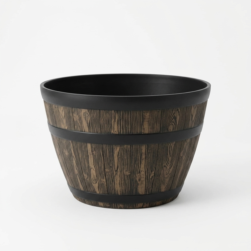 20" Whiskey Barrel Planter, Brown, 100% Resin, Lightweight UV‑Resistant Outdoor Pot, 19.9" X 19.9" X 13"