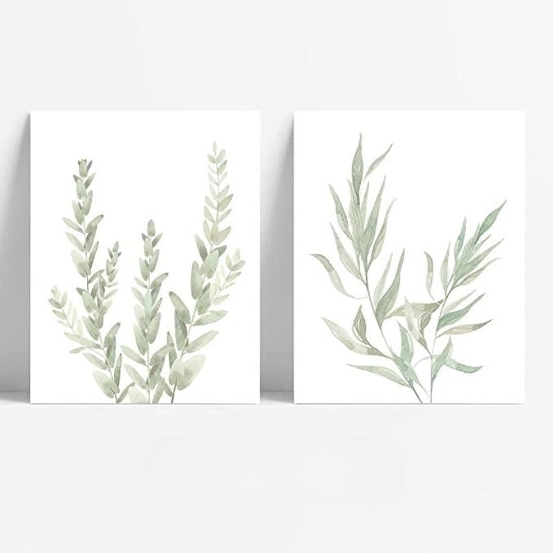 Botanical Boho Bathroom Decor Wall Art Prints, UNFRAMED Sage Green Plants Decor for Bedroom | Office, Minimalist Eucalyptus Leaves Watercolor Art Prints - Grafton Collection