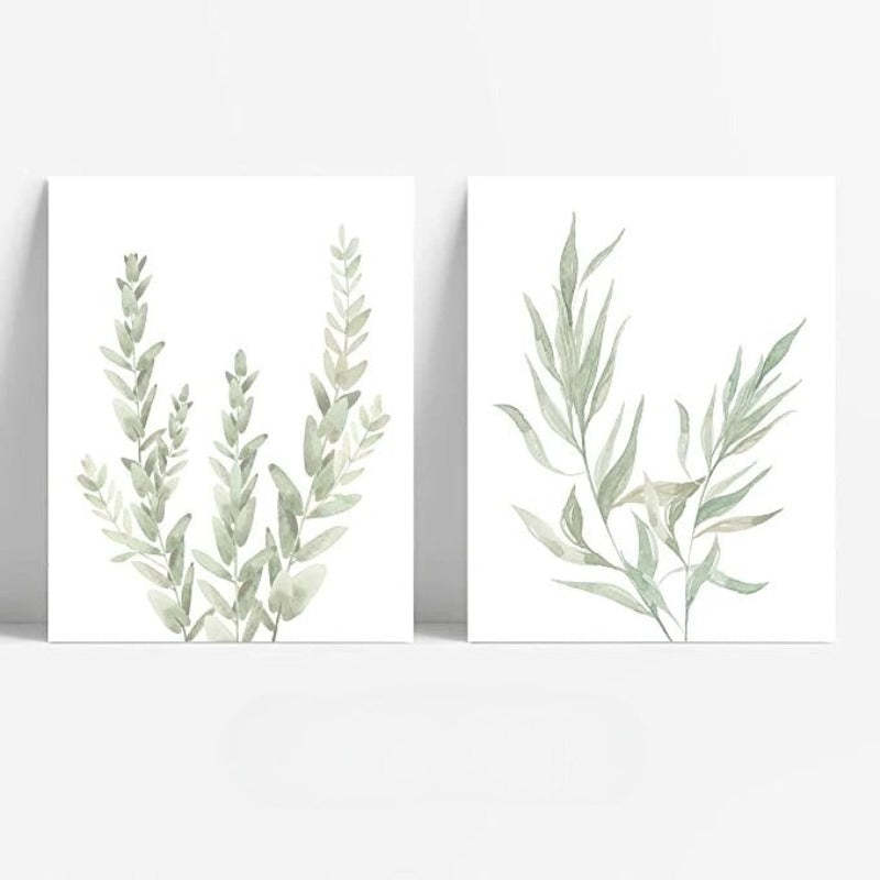 Botanical Boho Bathroom Decor Wall Art Prints, UNFRAMED Sage Green Plants Decor for Bedroom | Office, Minimalist Eucalyptus Leaves Watercolor Art Prints - Grafton Collection