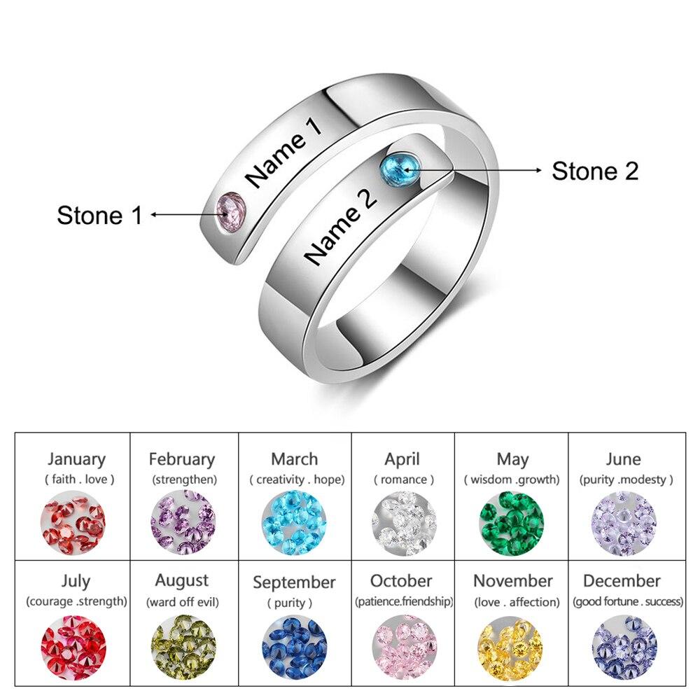 Personalized Silver Ring - Two Custom Names - Two Custom Birthstones -Customized Gifts-Customized Jewel