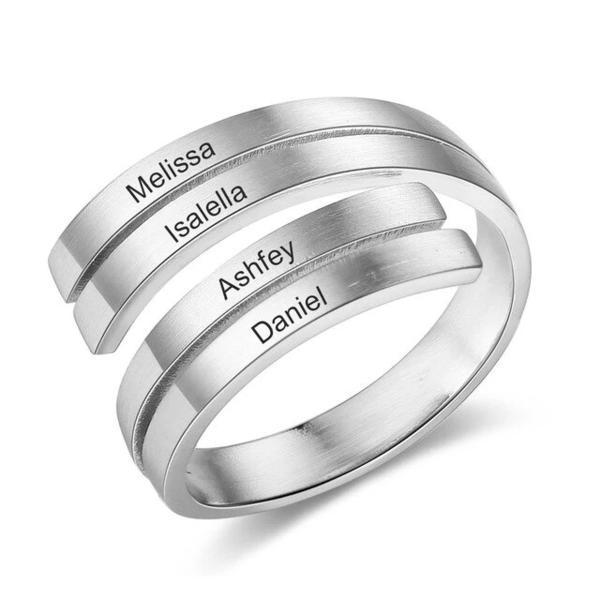 Stainless Steel Family Wrap Adjustable Rings for Women, Custom Four Names – Best Jewelry Gift for Friends & Family Members     -Customized Jewel