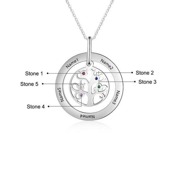 Personalized Tree of Life Necklace with Birthstone Stainless Steel Name Engraved Pendant Family Gift for Mother Grandma 5-Customized Jewel