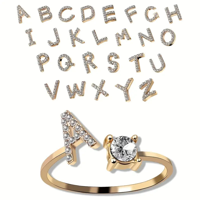 Initial Letter Adjustable Ring With Glittering Stones-Customized Jewel