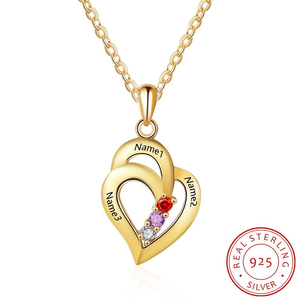 All My Heart Gold Plated Sterling Silver Necklace - 3 Birthstone & Custom Names-Customized Jewel