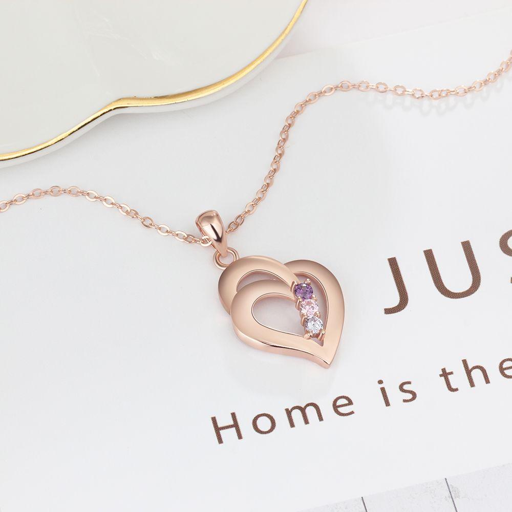 All My Heart Rose Gold Plated Sterling Silver Necklace - 3 Birthstone & Custom Names-Customized Jewel