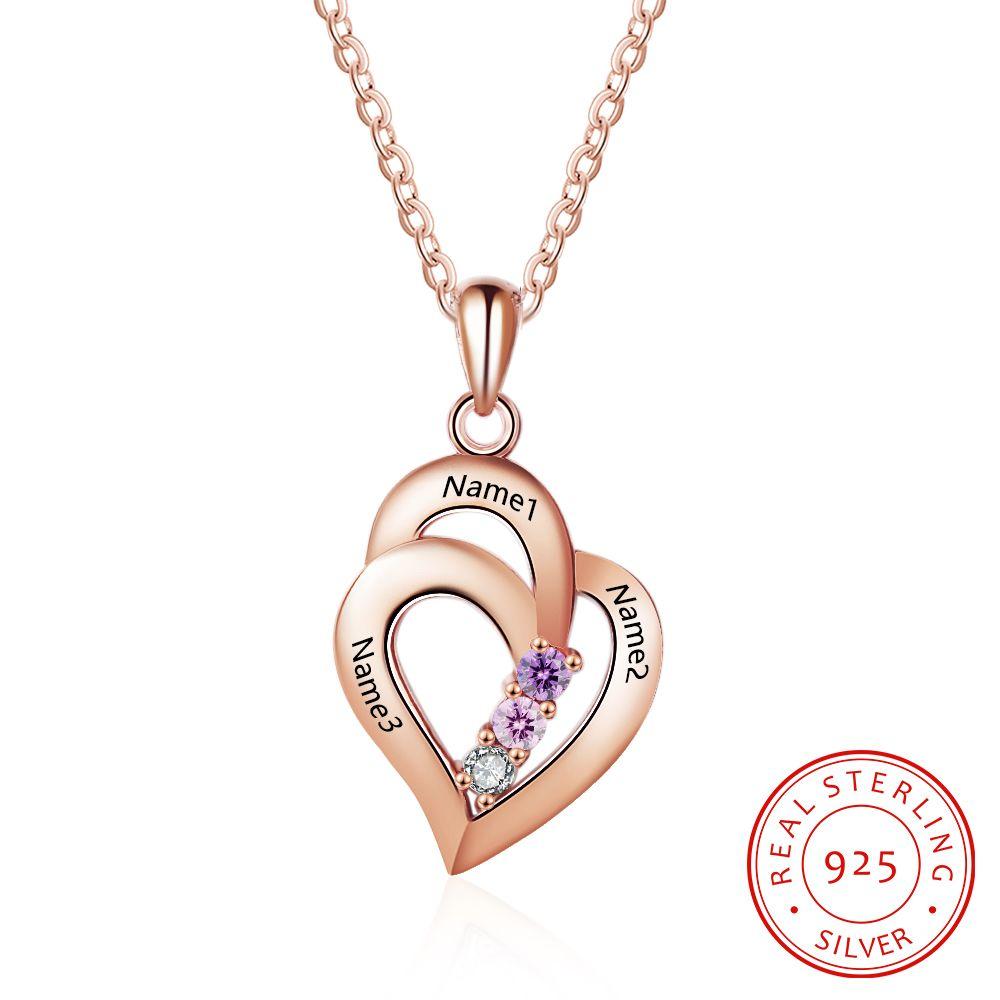All My Heart Rose Gold Plated Sterling Silver Necklace - 3 Birthstone & Custom Names-Customized Jewel