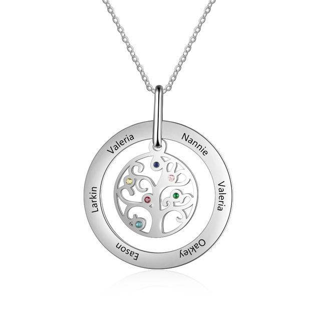 Personalized Stainless Steel Tree Of Life 6 Names & Birthstones Engraved Pendant Necklace, Fashion Jewelry Gift for Women-Customized Jewel