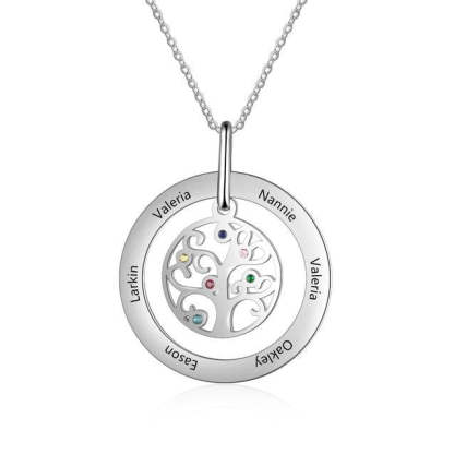 Personalized Stainless Steel Tree Of Life 6 Names & Birthstones Engraved Pendant Necklace, Fashion Jewelry Gift for Women-Customized Jewel