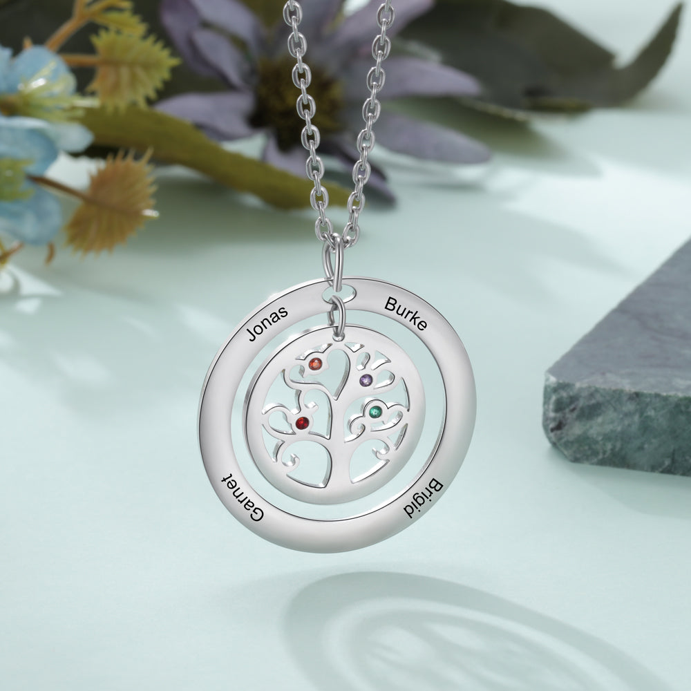 Personalized Stainless Steel Tree Of Life 4 Names & Birthstones Engraved Pendant Necklace, Fashion Jewelry Gift for Women-Customized Jewel