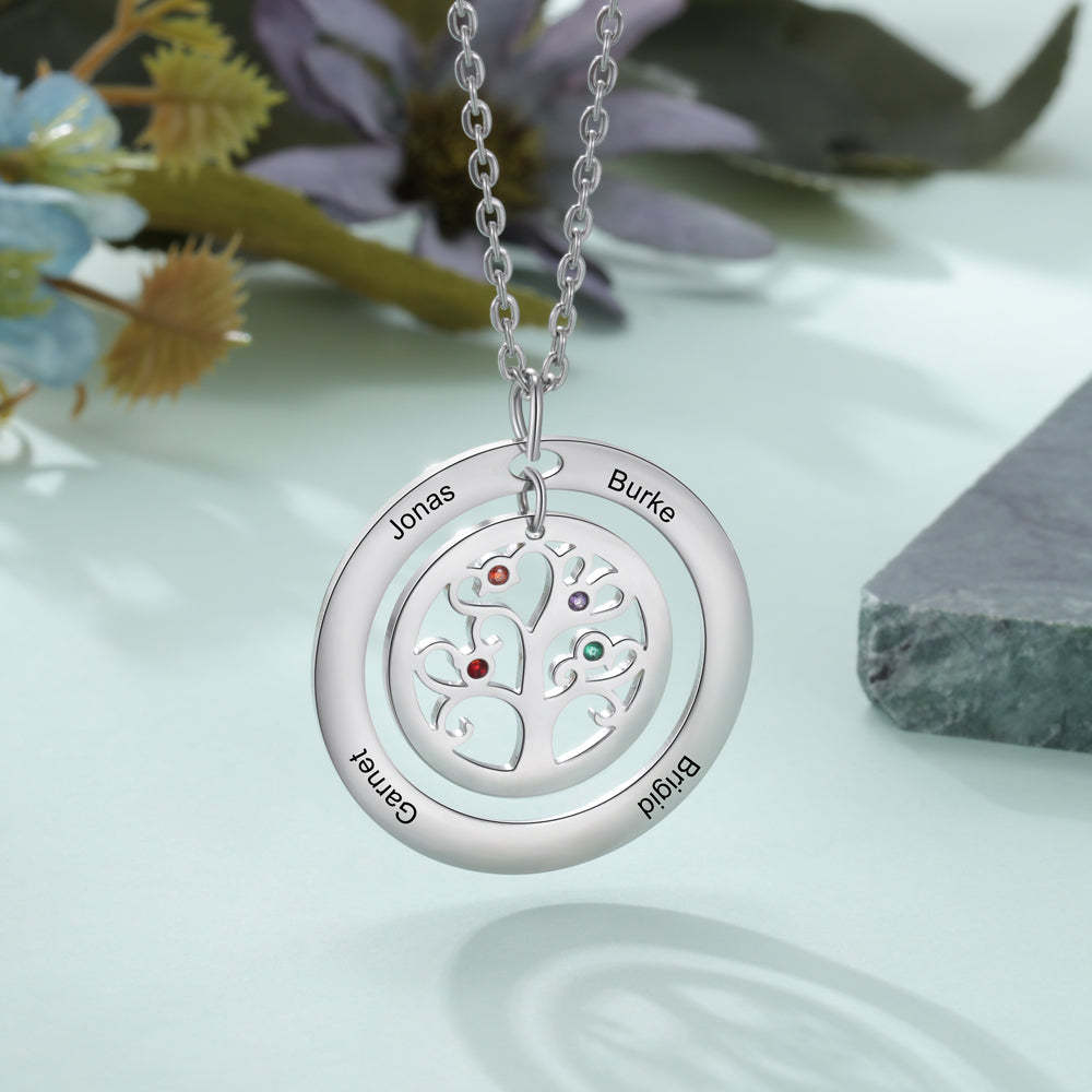 Personalized Stainless Steel Tree Of Life 4 Names & Birthstones Engraved Pendant Necklace, Fashion Jewelry Gift for Women-Customized Jewel
