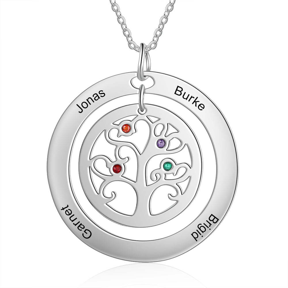 Personalized Stainless Steel Tree Of Life 4 Names & Birthstones Engraved Pendant Necklace, Fashion Jewelry Gift for Women-Customized Jewel