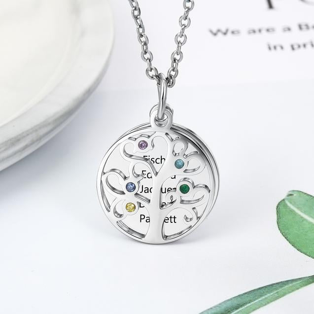 Personalized Stainless Steel Necklace - Engraved Five Custom Names & Birthstones - Family Tree Pendant-Customized Jewel