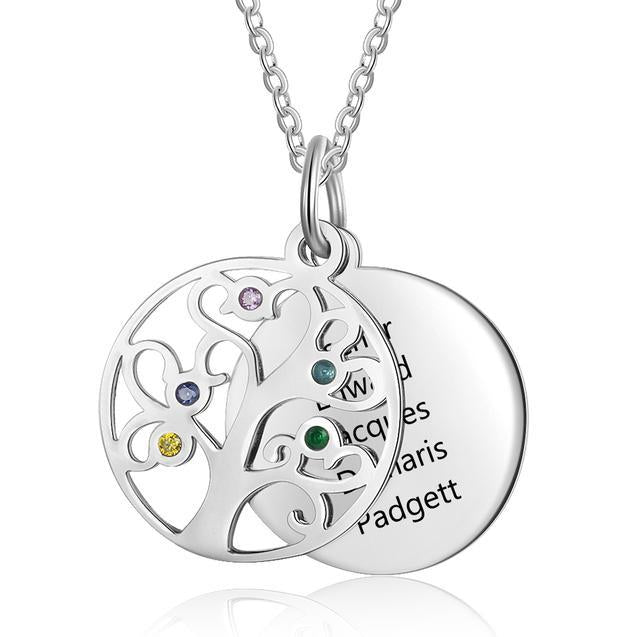 Personalized Stainless Steel Necklace - Engraved Five Custom Names & Birthstones - Family Tree Pendant-Customized Jewel