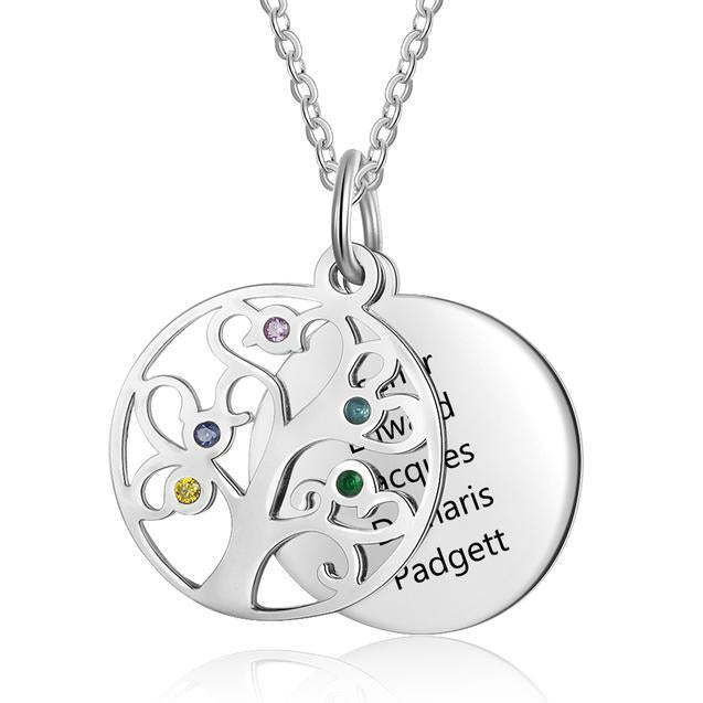 Personalized Stainless Steel Necklace - Engraved Five Custom Names & Birthstones - Family Tree Pendant-Customized Jewel