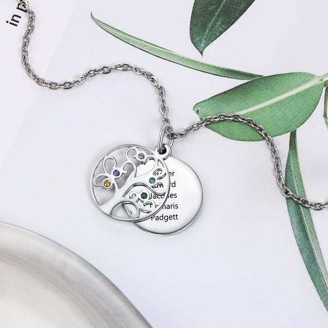 Personalized Stainless Steel Necklace - Engraved Five Custom Names & Birthstones - Family Tree Pendant-Customized Jewel