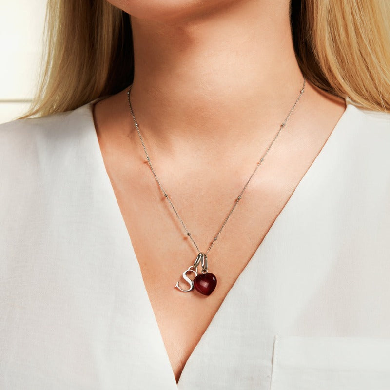 Silver Tone Chain Necklace With Initial Charm And Birthstone Pendant-Customized Jewel