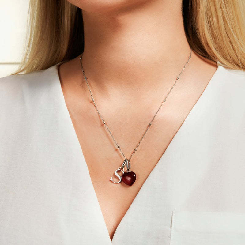 Silver Tone Chain Necklace With Initial Charm And Birthstone Pendant-Customized Jewel