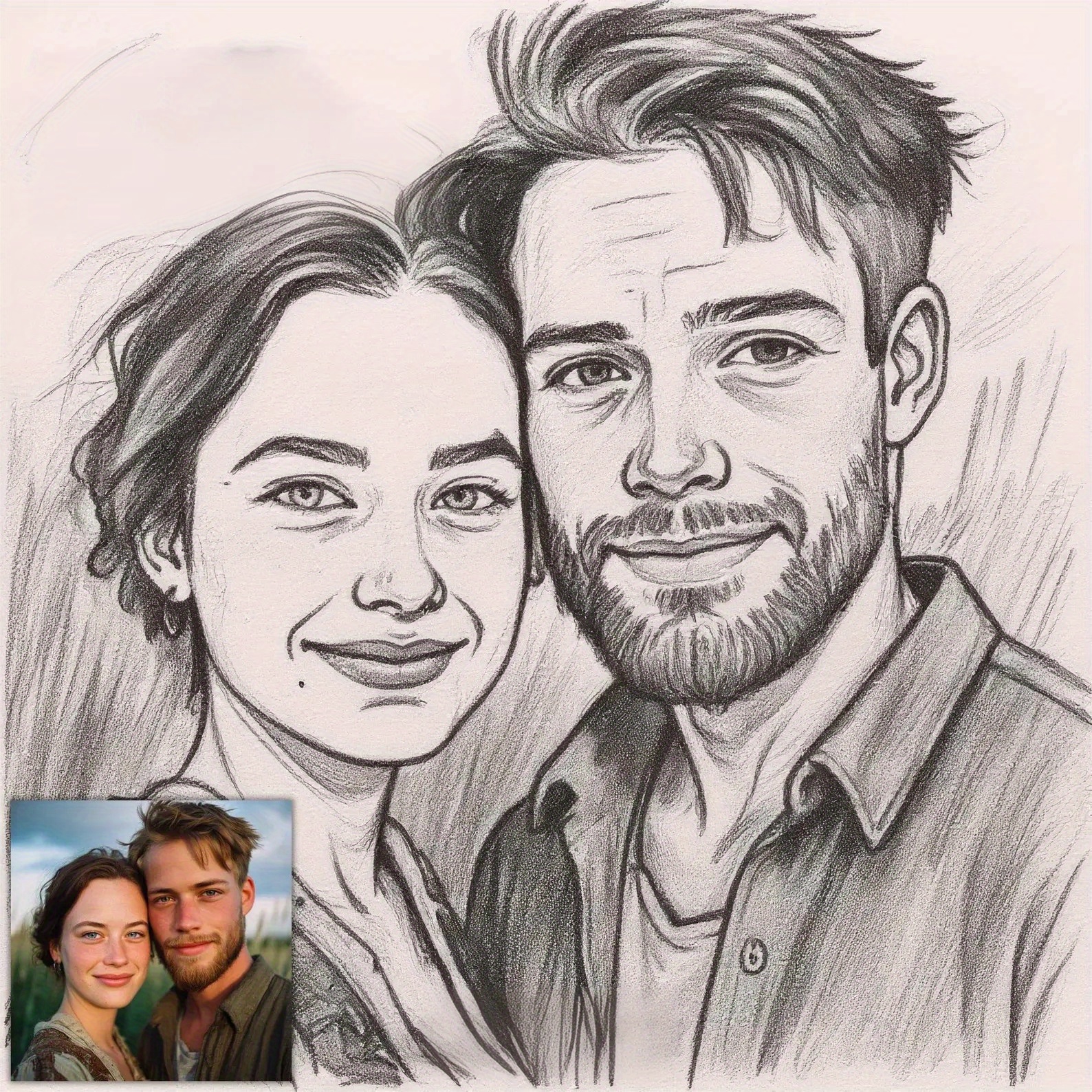 Personalized 2D Flat Charcoal Portrait Art Canvas